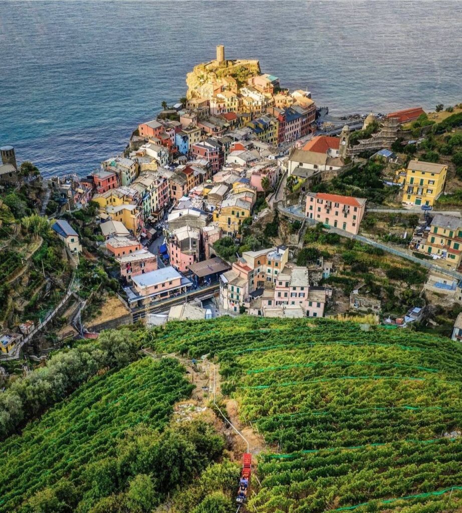 Vista aerea di Vernazza con i vigneti terrazzati e la monorotaia delle Cinque Terre