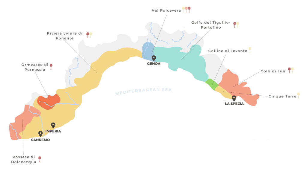 Mappa delle otto denominazioni DOC del vino Liguria: Cinque Terre, Colli di Luni, Riviera di Ponente